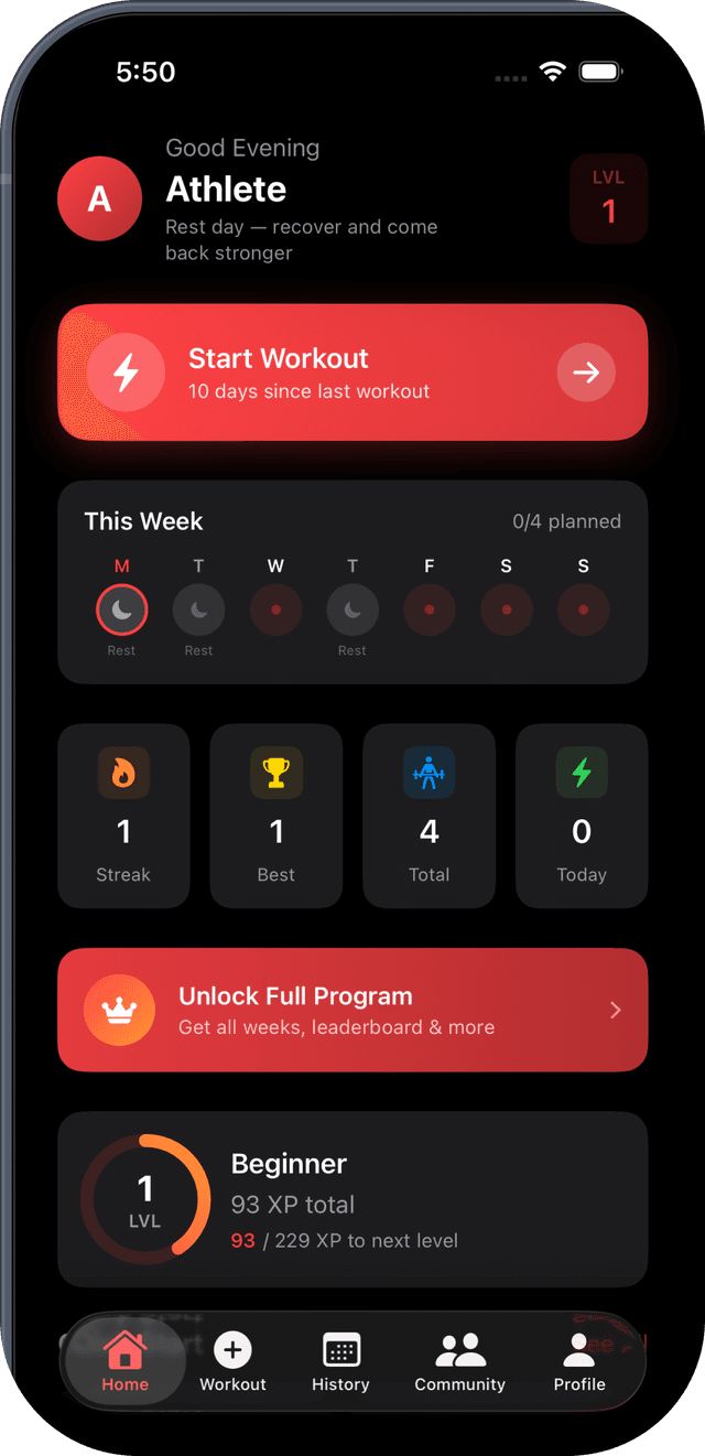 RepClub app showing today's workout, weekly plan, and progress